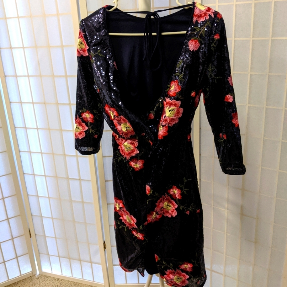 TFNC Sequin Midi Dress with Floral Embroidery and Cowl Back